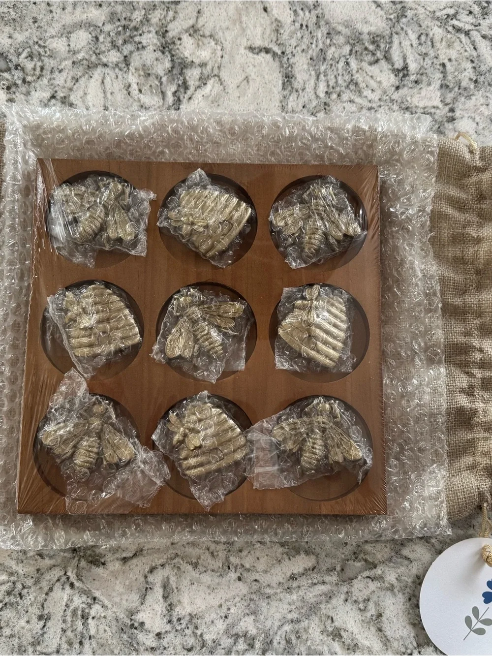 Brass Bee & Beehive Tic Tac Toe Game with Wooden Holder